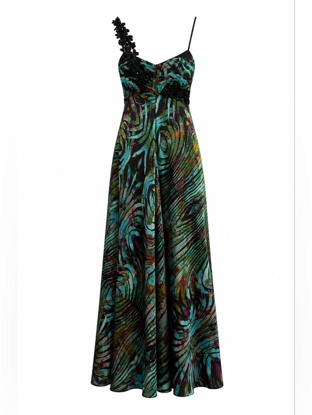 Vibrant Whimsical Night Way Abstract Print Beaded Asymmetrical Formal Dress 4013